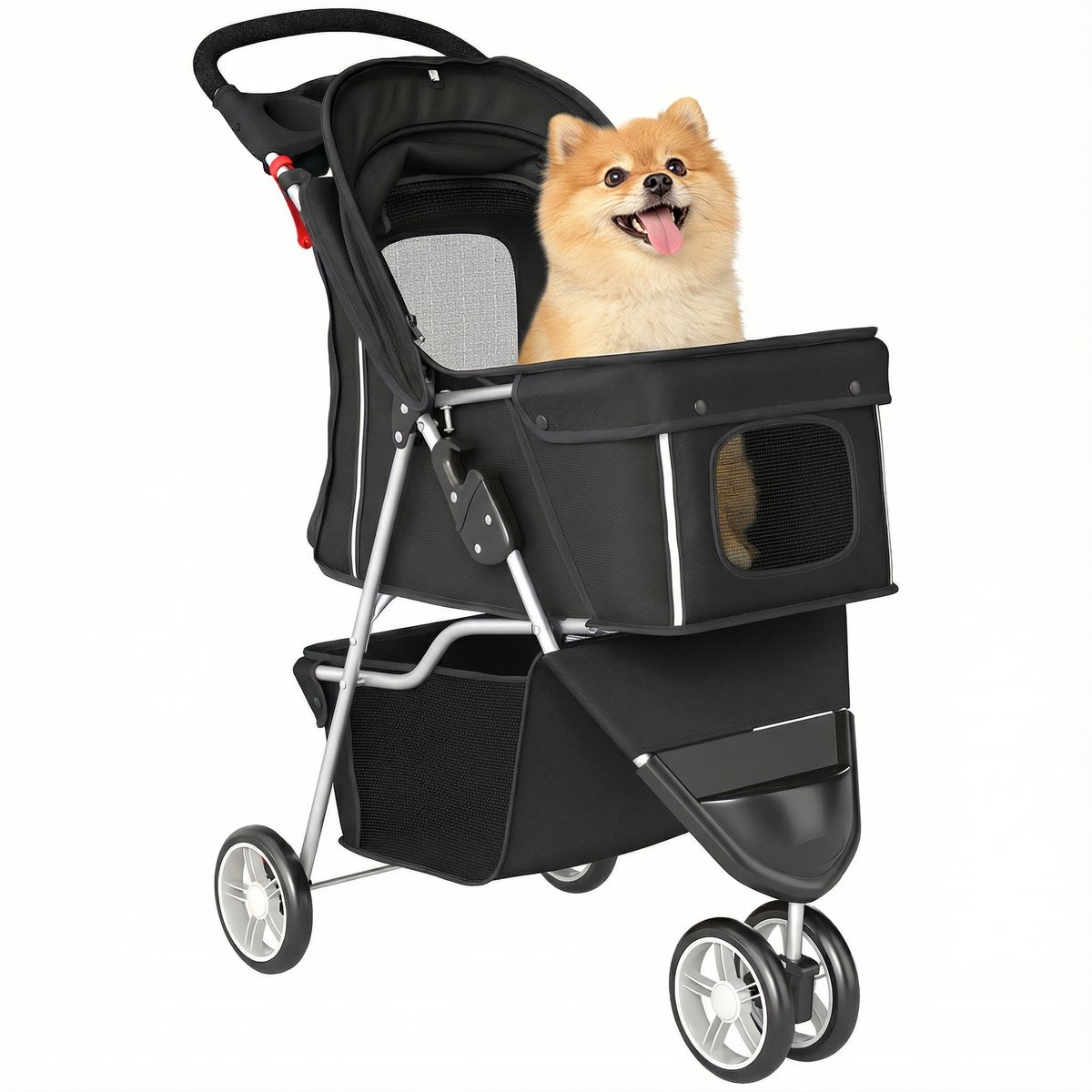 Hondenbuggy – Tot 10 kg – Hondendriewieler - Wandelwagen met Bekerhouder & Opbergmand – Zwart
