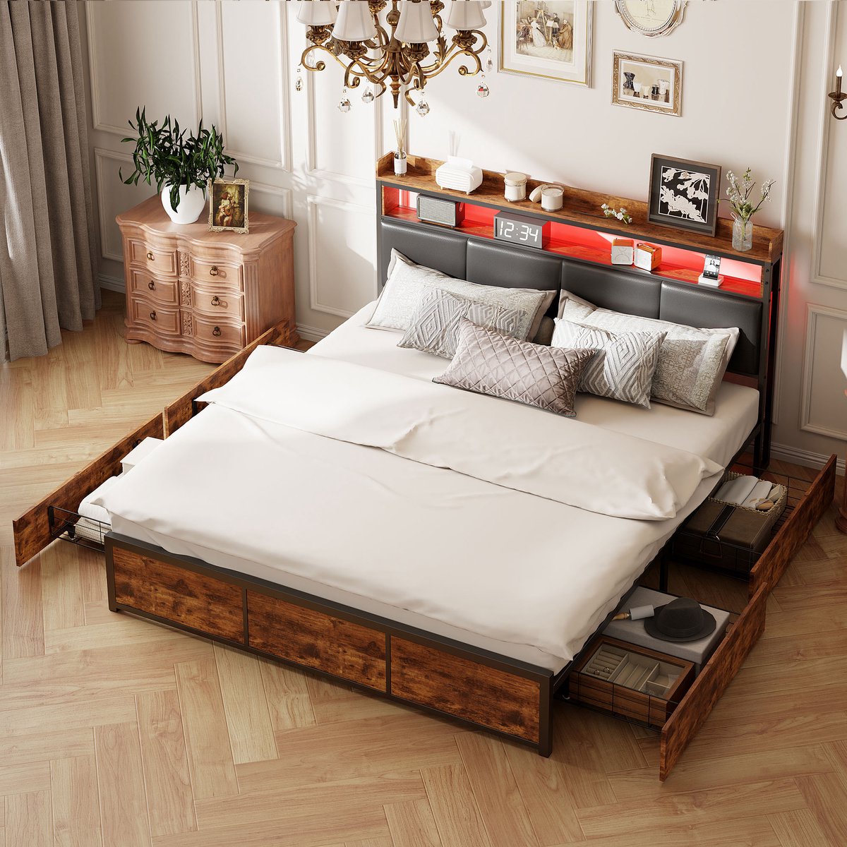 ROSAHQNDA Gestoffeerd bed met LED-verlichting en 4 opberglades, 160x200 cm, hoofdbord van kunstleer, zwart ijzeren frame, eenvoudig te monteren, exclusief matras Zwart+Bruin