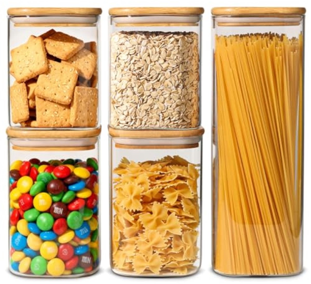 Glazen Voorraadpotten Set van 5 - Luchtdichte Vierkante Potten met Bamboe Deksel - 2050, 1050 & 800 ml - Vaatwasserbestendig & BPA-vrij - Voor Keuken, Kantoor en Organisatie