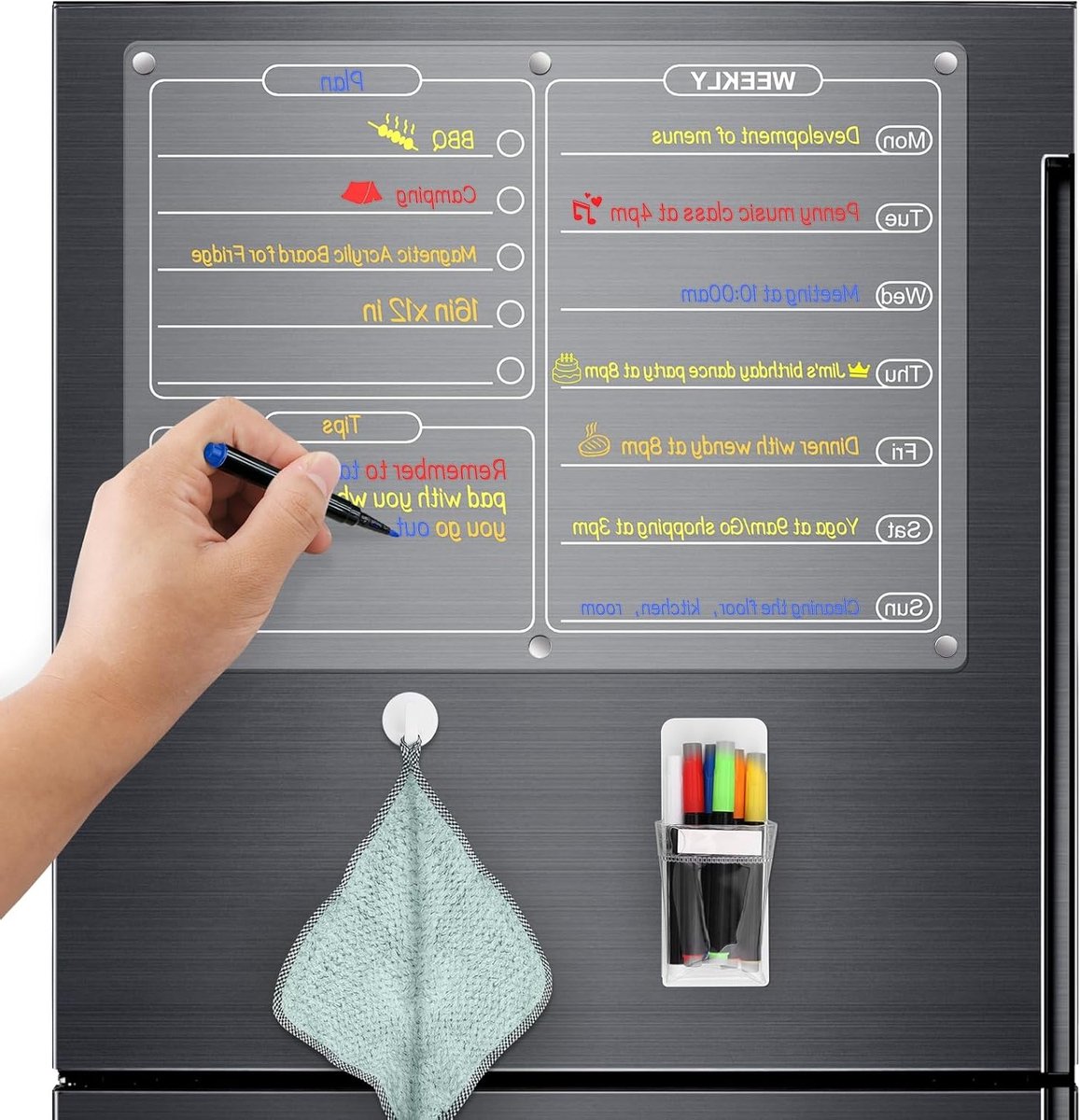 Magnetische Weekplanner voor op de Koelkast, 16 x 12 Inch, Inclusief 6 Drooguitwisbare Markers en Pennenhouder, Perfect voor Organisatie en Planning