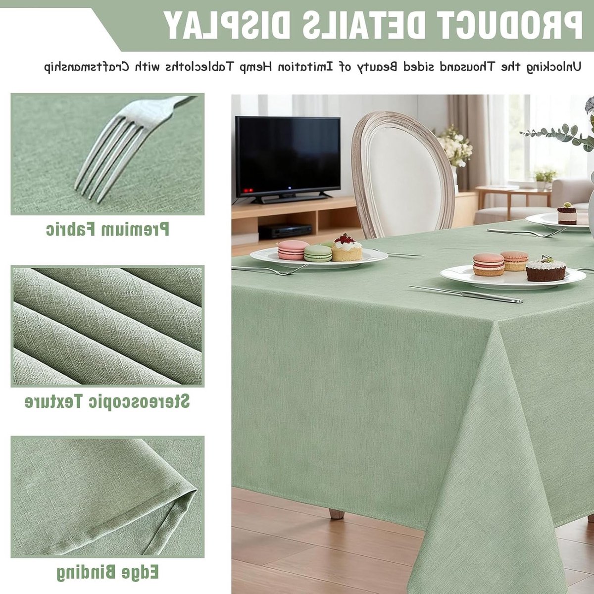 Afwasbaar tafelzeil 140 x 180 cm, groen, linnenlook pour tuin en eettafel