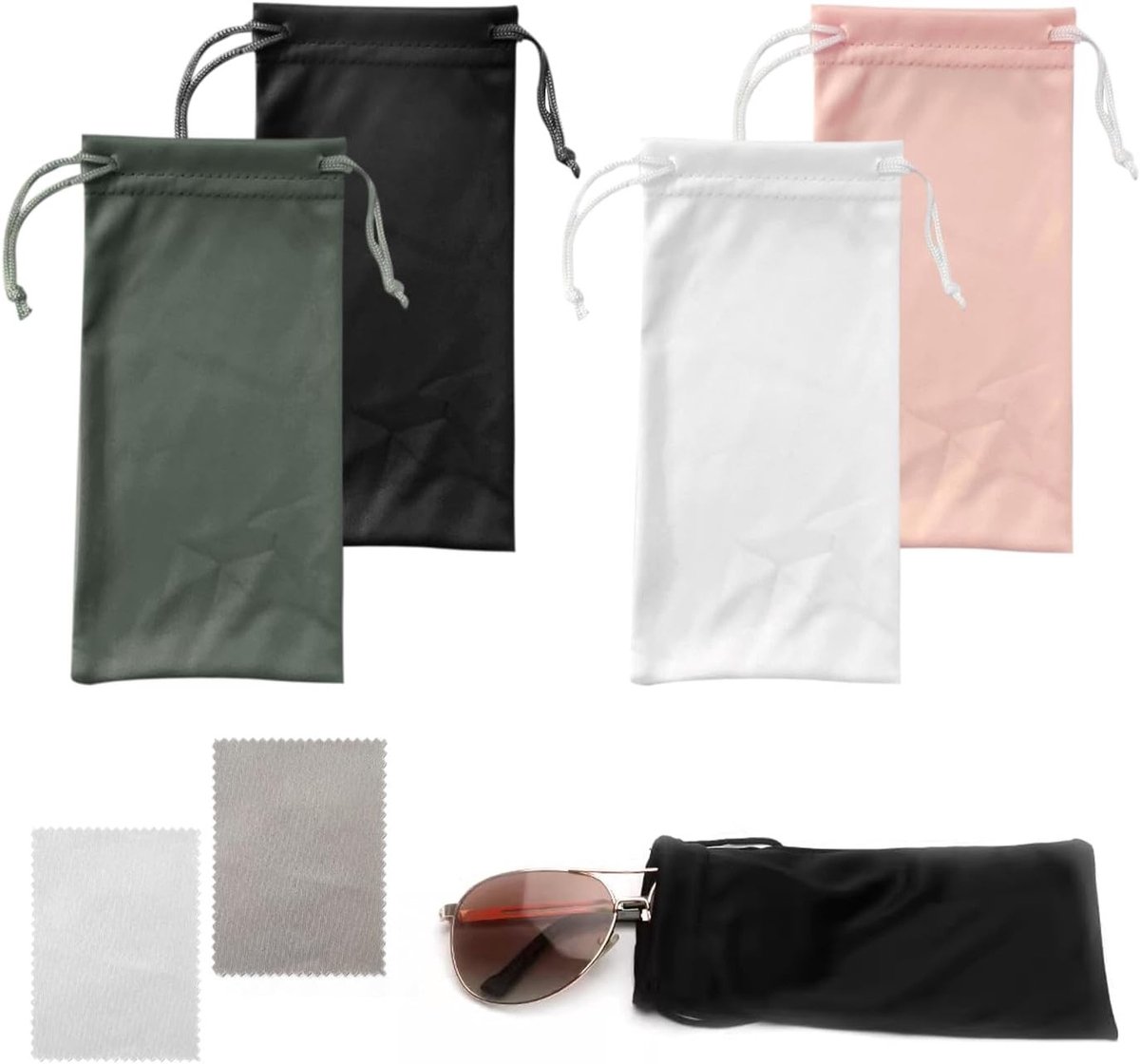 Set van 4 Brilzakken met 2 Stuks Microvezeldoekjes, Trekkoordzakken voor Brillen en Mobiele Telefoons in Diverse Kleuren - 17,5 x 9 cm