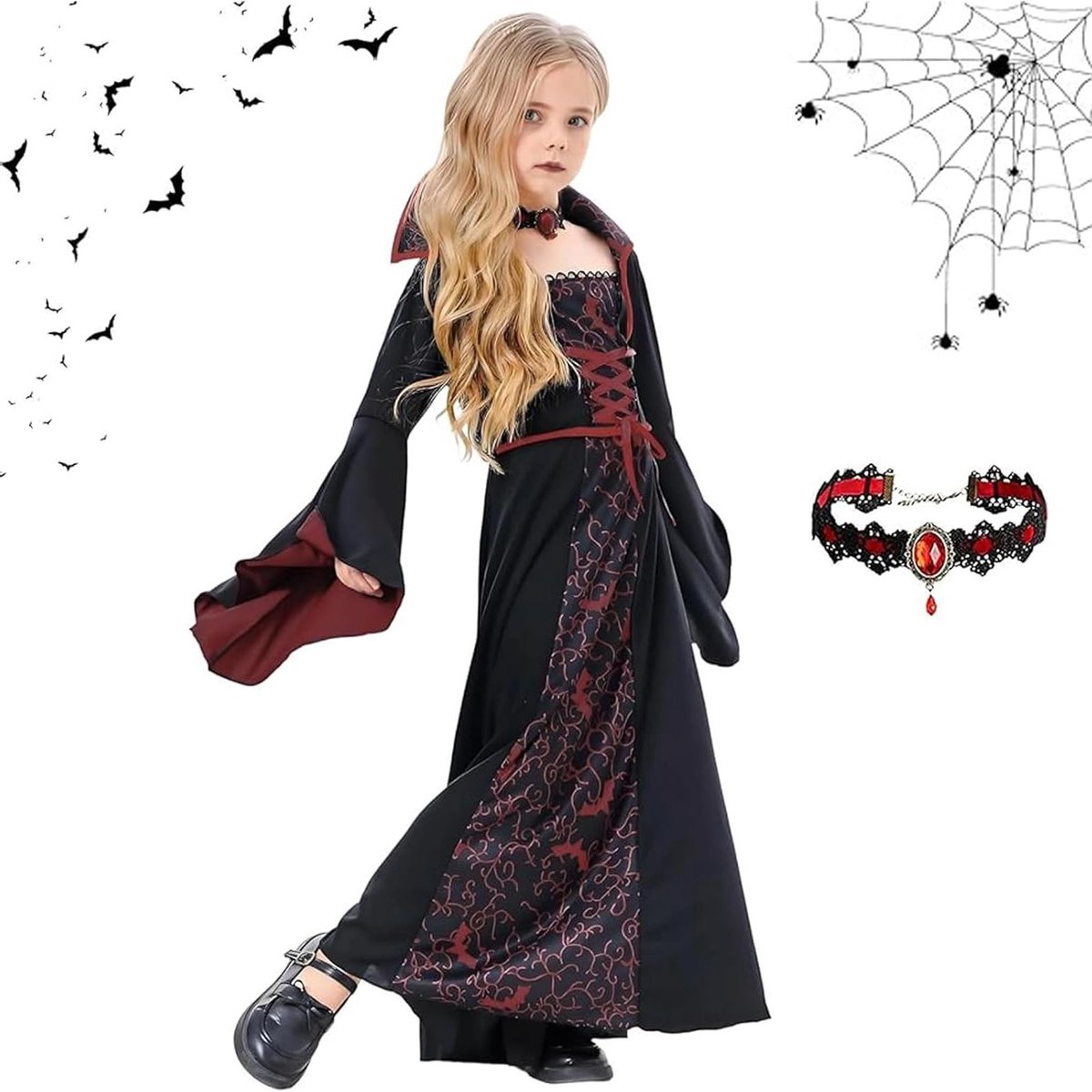Gothic Vampier Jurk voor Meisjes - Donker Kostuum voor Halloween en Feestjes met Appliqué Versiering