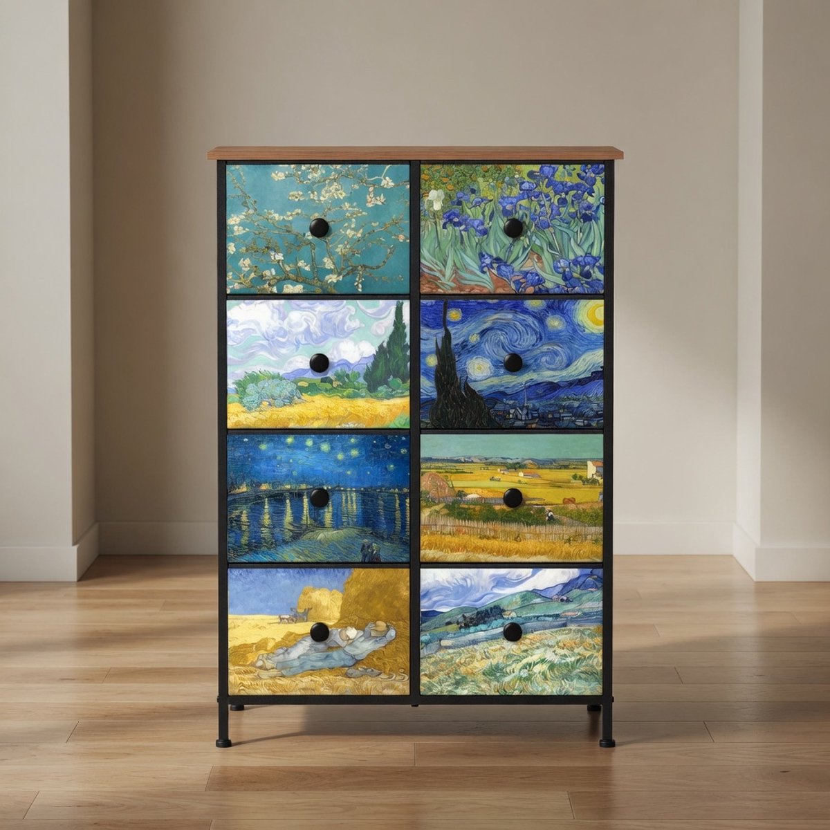 Smalle Ladekast met 8 Lades – Van Gogh Design Stoffen Commode – Mobili Bella – Hoge Opbergkast met Metalen Frame en Houten Bovenblad – 67 cm Breed – Slaapkamer, Woonkamer, Hal, Kinderkamer & Kantoor