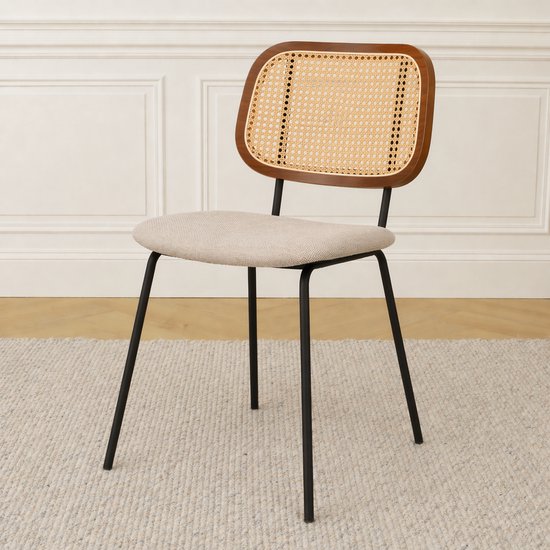 Nolon Jolie Chaise de salle à manger Beige - avec dossier en rotin - Pieds en métal noir - Rétro