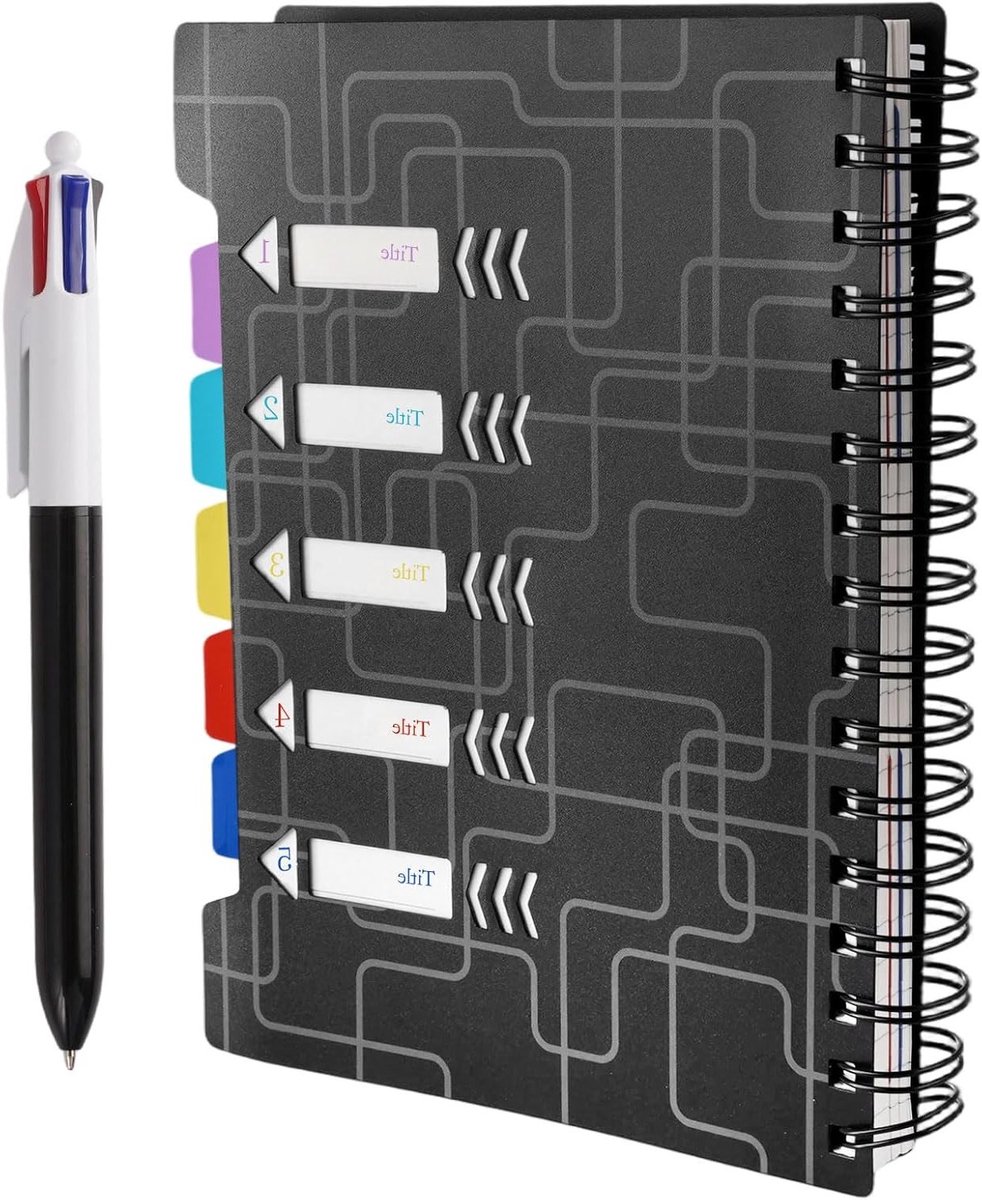 A5 Notitieboek met Register en 5 Kleuren Scheidingsbladen, Geschikt voor Universiteiten en Kantoorgebruik, Spiral Notitieblok met Pen en Indexvlaggen