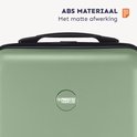Gedetailleerd beeld van een saliegroene koffer met ABS-materiaal en matte afwerking, met logo.