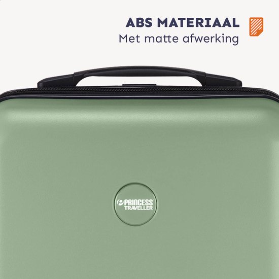 Gedetailleerd beeld van een saliegroene koffer met ABS-materiaal en matte afwerking, met logo.