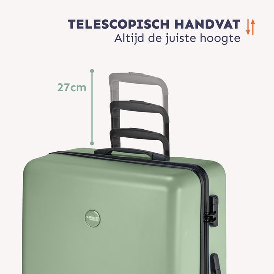 Uitsnede van een saliegroene koffer die het uitschuifbare handvat laat zien, met een indicatie van 27cm.