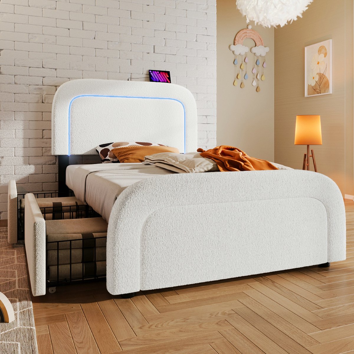 VVBV Gestoffeerd bed 90x200 / Eenpersoonsbed 90x200 – met Lades, LED-Verlichting, USB, USB-C, Lattenbodem – 2 Lades – In Hoogte Verstelbaar Hoofdbord – Wit
