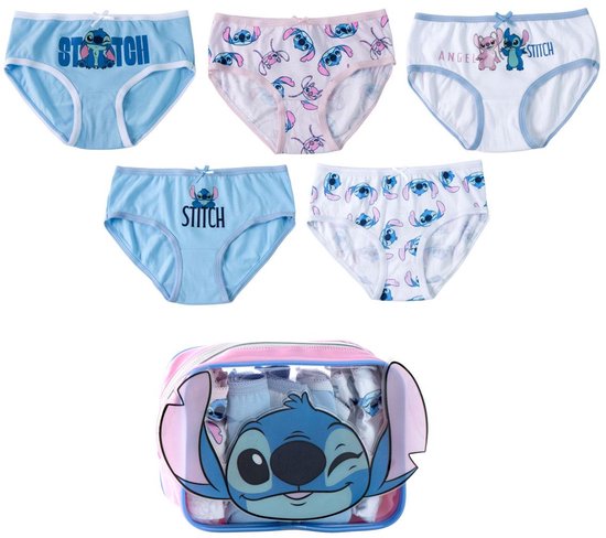 Disney Stitch Ondergoed Meisjes 5 Stuks – Kinder Slip Set met Opbergtasje – Blauw Roze Wit – Officieel Gelicenseerd
