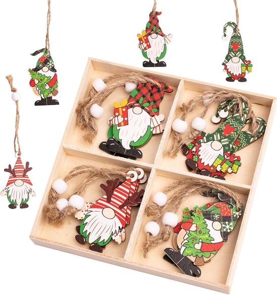 Foto: Set van 12 houten kersthangertjes decoratie voor de kerstboom houten ornamenten kerstversiering 4 verschillende patronen