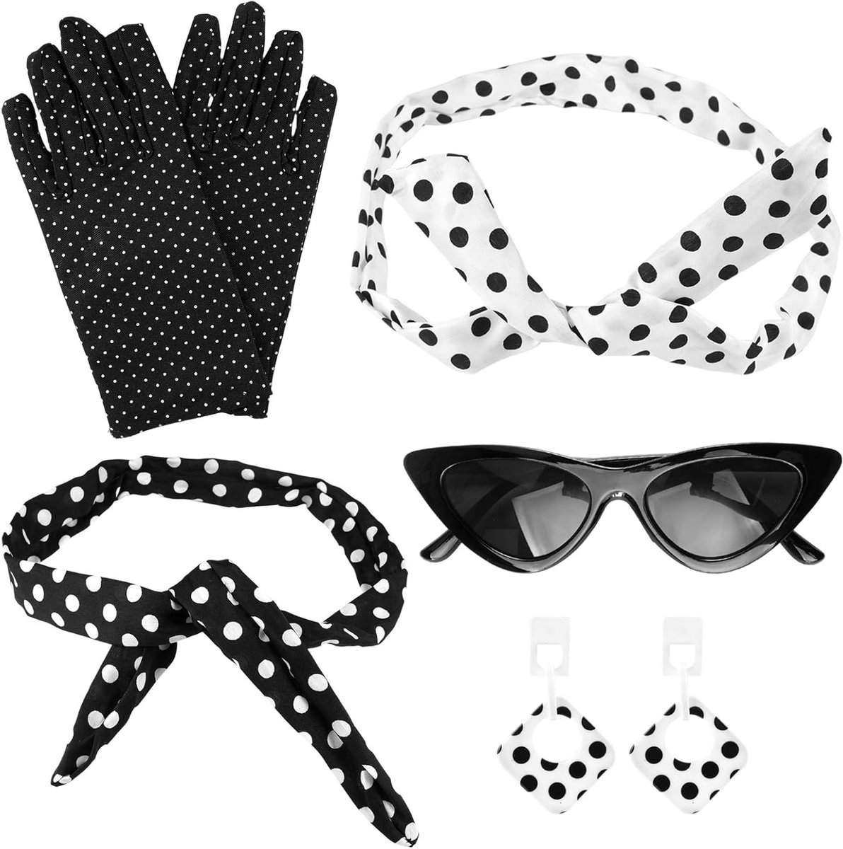 Vijf Rockabilly Accessoires voor 50s Halloween Kostuums voor Volwassenen, Vintage Kleding, Disco Outfit en Carnavalsmode