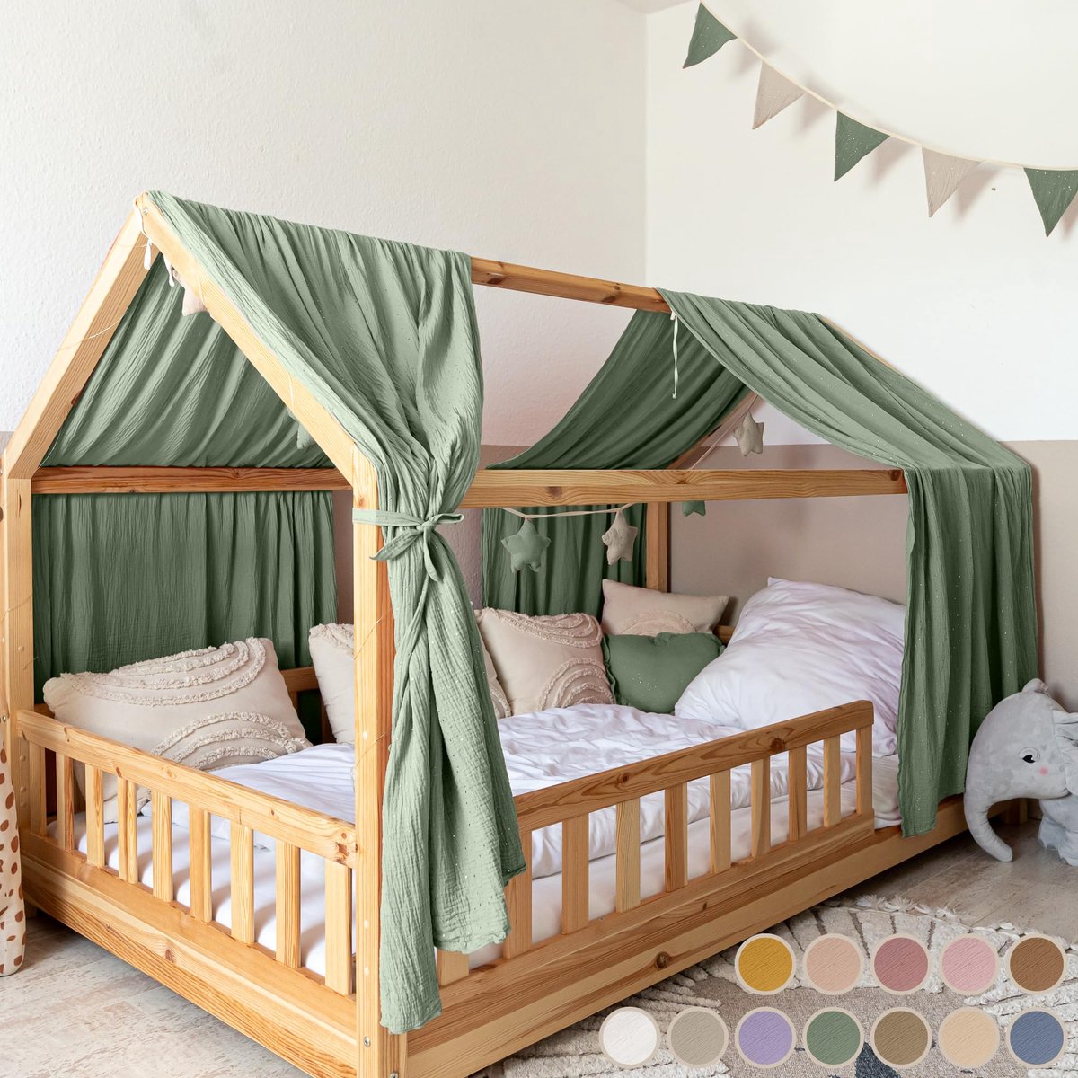 LILIMAUS Huisbed hemeltje - bedhemel voor huisbed - 135 x 270 cm - mousseline katoen - groen