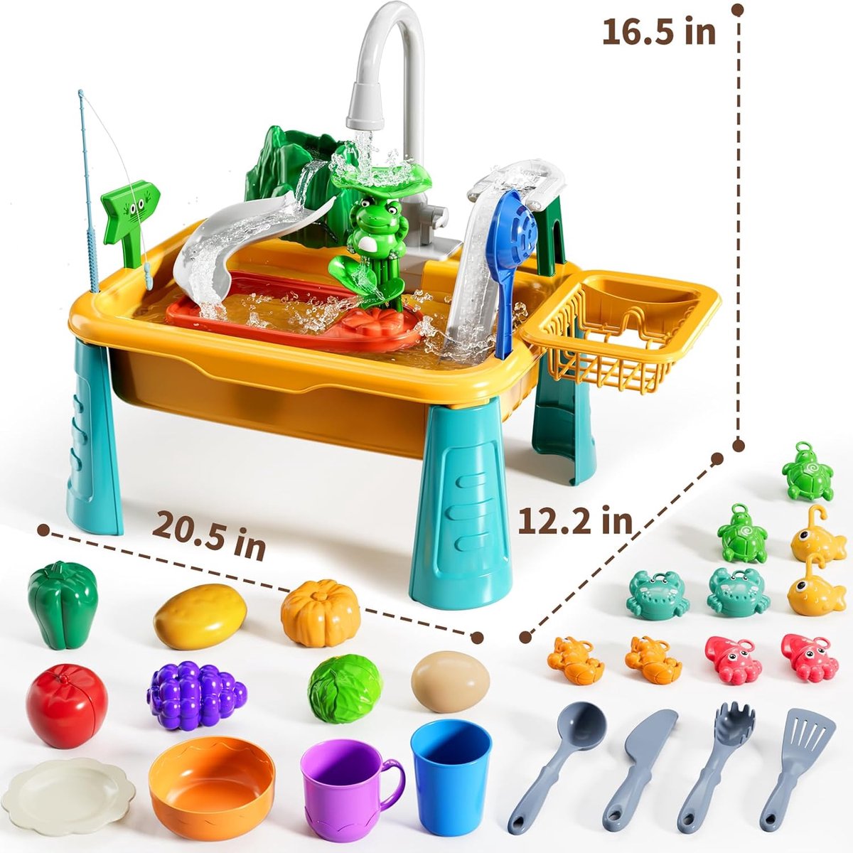 2-in-1 elektrische keukenwasser speelgoed - voor peuters van 3-8 jaar - Multifunctionele watertafel met stromend water en waterpomp - Vismetspel, keukenrollenspel, met accessoires voor eten en servies, verjaardagscadeau voor jongens en meisjes - geel — afbeelding 4