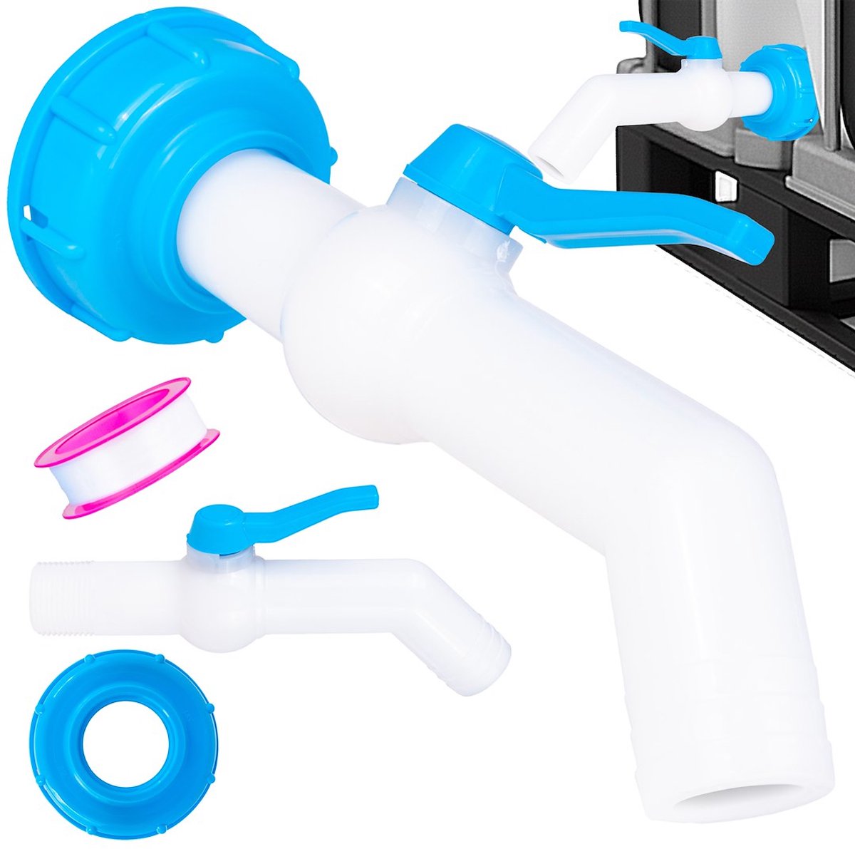 Garronda IBC slangkraan set S60x6 - 32 mm slangaansluiting - 45° kogelkraan - voor IBC-tank en Mauser - kunststof afvoerkraan - met PTFE afdichtingstape - GD-0218
