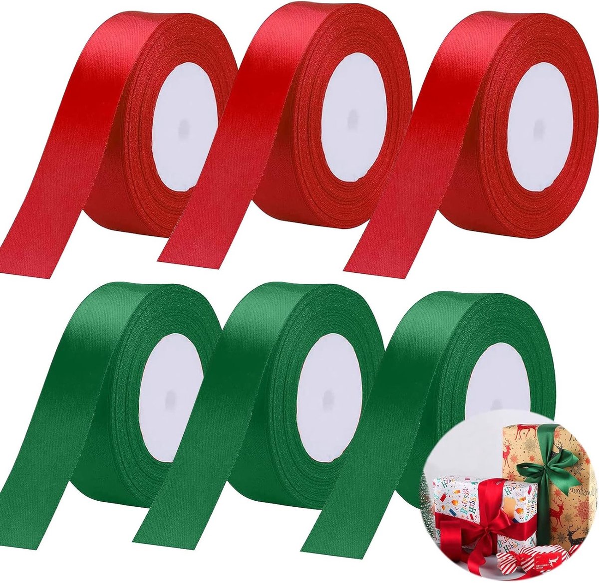 Satin lint voor kerstdecoratie, 22m x 6 rollen, 20mm breed, ideaal voor cadeaus, knutselen en haarbanden