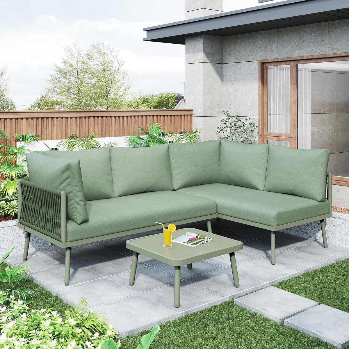Loungeset Tuin 4-Persoons L-Vorm 120x120x72 cm met Tafel en Dikke Kussens – Groen Weerbestendig IJzeren Frame & Gehard Glas – Inclusief 2 Sofa’s – Laura