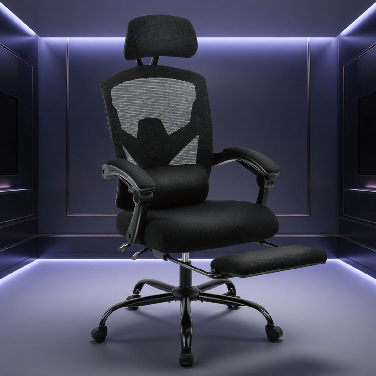 Mobili Bella Ergonomische Gaming & Bureaustoel – High Back Mesh Stoel met Lendensteun, Verstelbare Rugleuning 90–135°, Voetensteun, Hoofdsteun, 360° Draaibaar, Comfortabele Armleuningen en Wielen – Zwart