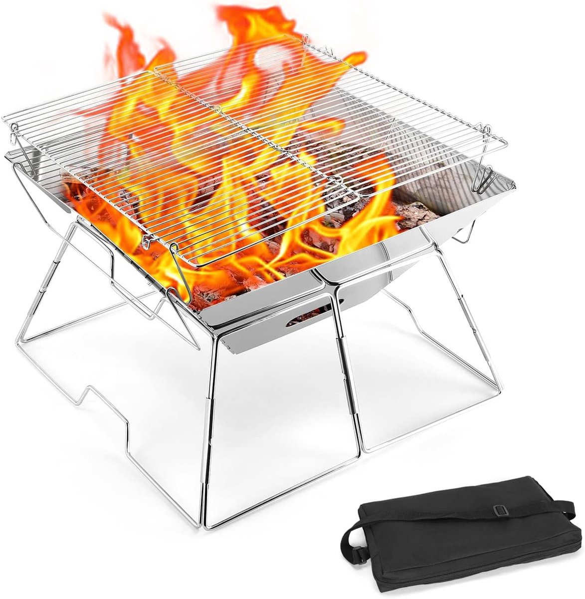 Draagbare BBQ Vuurschaal voor Kamperen en Tuin, Opvouwbare RVS Grill met Draagtas, Ideaal voor Picknicks en Terras (43 * 43 * 31cm)