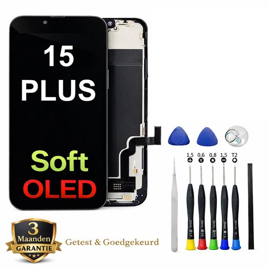 iPhone 15 Plus Soft OLED scherm met reparatiegereedschap, inclusief schroevendraaiers, zuignappen en plectrums.