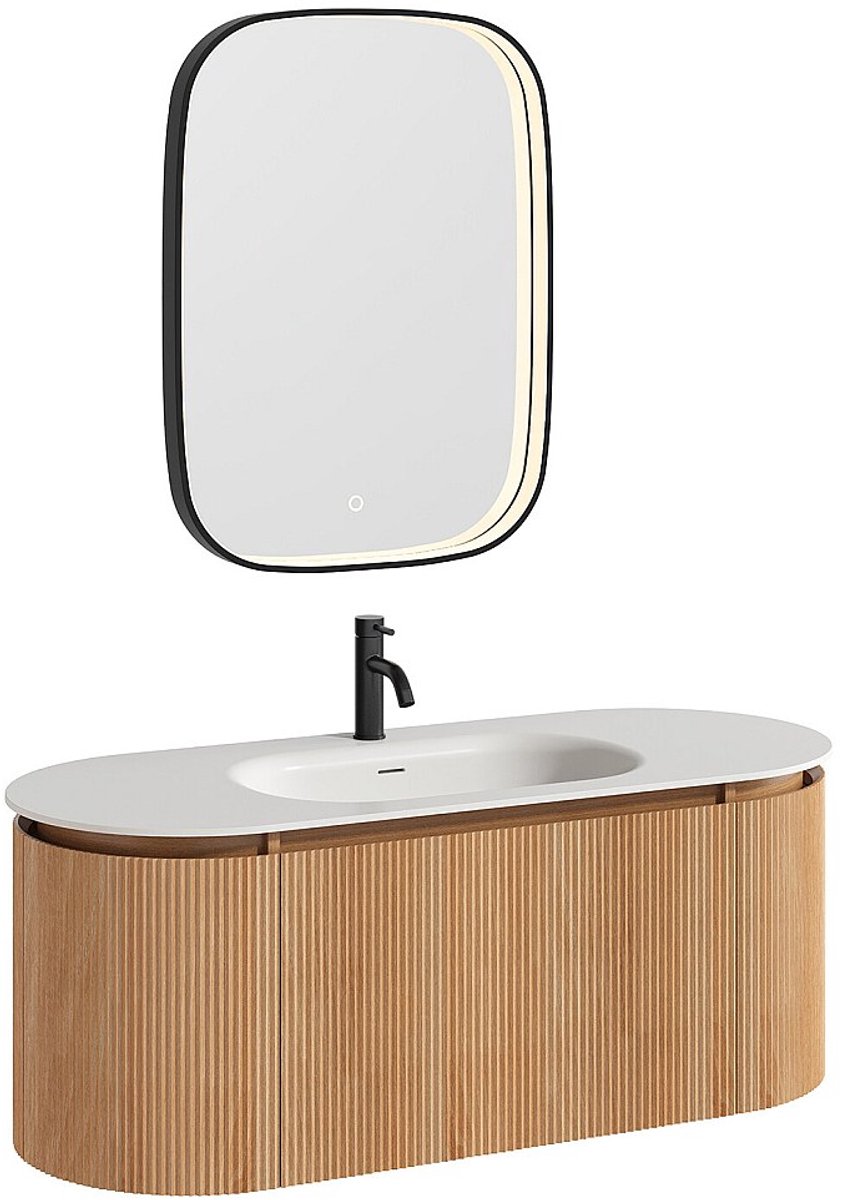 Vente-unique Wandgemonteerd badkamermeubel met gegroefd essenhout, ingebouwde wasbak, kraan en spiegel – Licht naturel – B120 cm – LILIKO