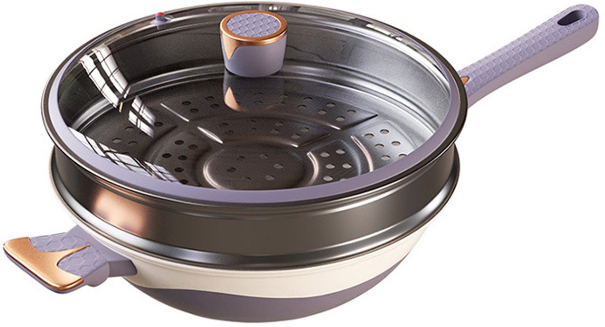 Killogood Antiaanbak wokpan - 34 cm wokpan met lichte overdruk - inclusief stoommandje en deksel. Huiselijke wokpan - geschikt voor stomen - koken - bakken en roerbakken. Keukengerei geschikt voor alle fornuistypen
