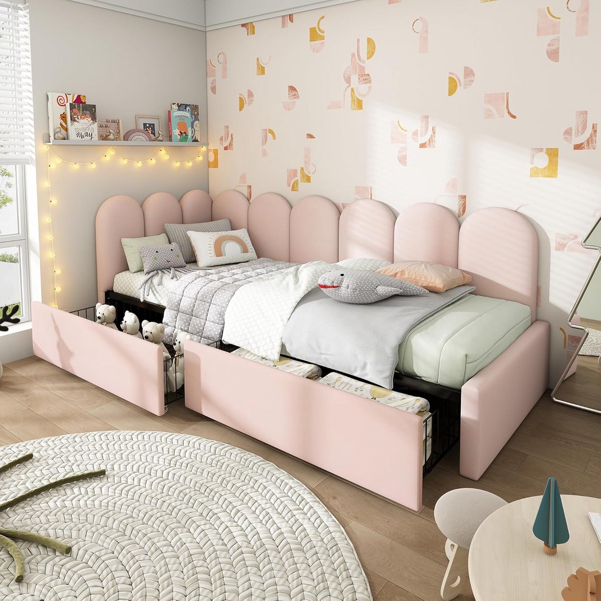 Gestoffeerd Bed 90 x 200 cm met Opbergruimte en Lattenbodem, Beige Velours