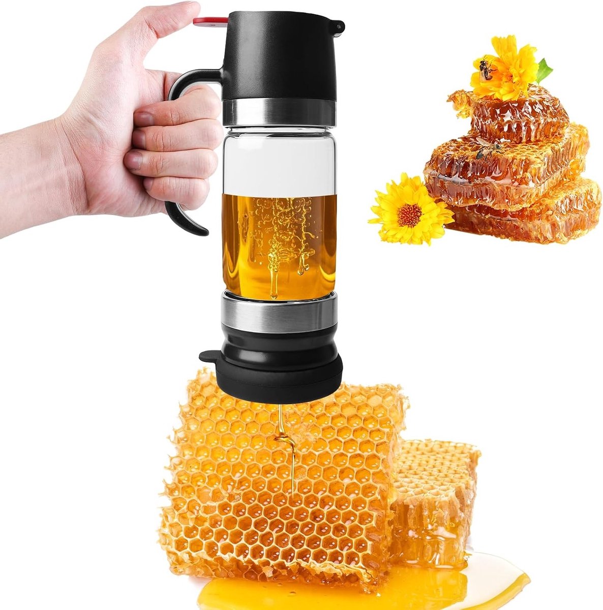 Glazen Honingdispenser van 300ml met Handvat, Druppelvrije Honingpot, Ideaal voor Syrup en Honingopslag