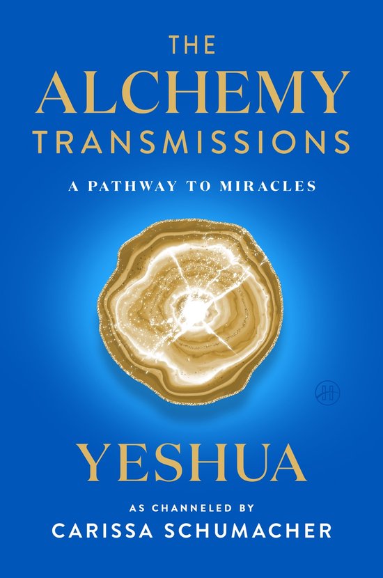 Boek kaft met de titel 'The Alchemy Transmissions', een gouden agaat afbeelding op een blauwe achtergrond.