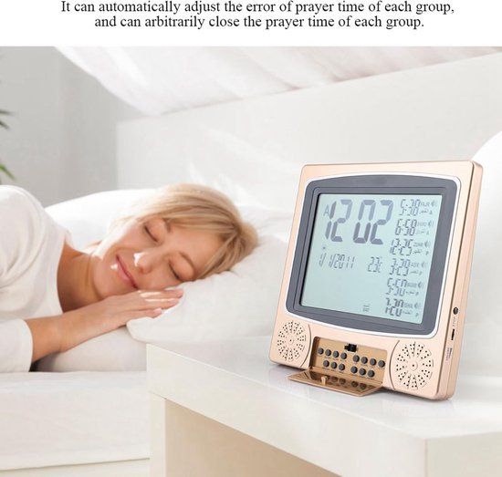 Islamic Azan Alarm Clock, Automatic Mosque, Digital Prayer, Time Table, Table Clock, Reminder, Alarm with LCD Display, for Home, Masjid, Ramadan (Gold) — afbeelding 2
