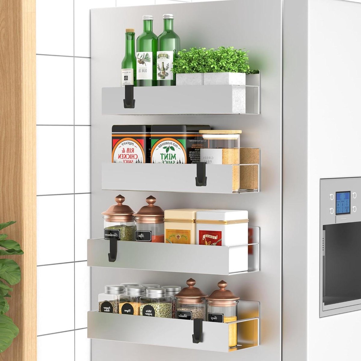 Magnetische Kruidenrekken - Koelkast Organizer - Keuken Opbergen - Echt Sterke Magneet - 4 Planken - Zilver