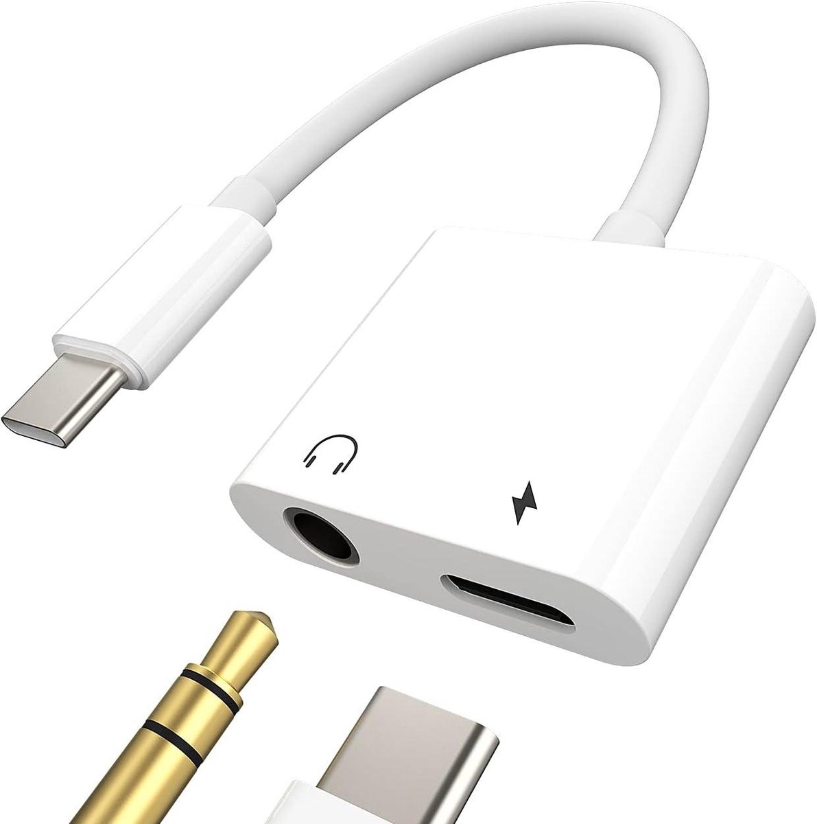 USB C Adapter - Audio Converter - Muziek Luisteren - Twee Poorten - Compact Formaat - Wit