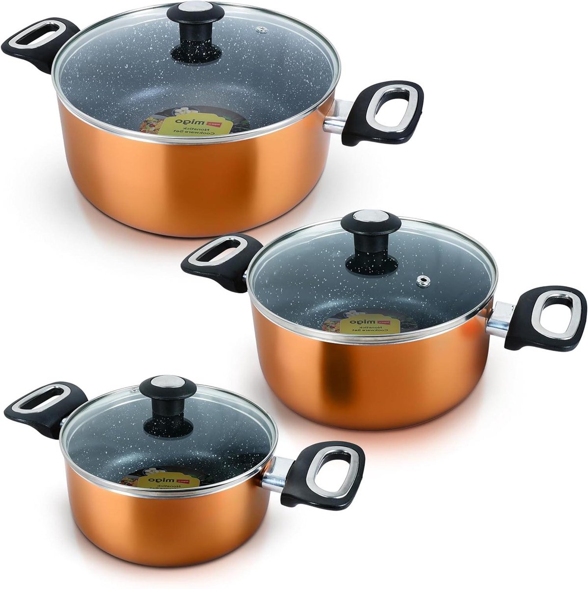 Braadset 6 stuks - Kookgerei set - Dagelijks koken - 5-laags granietcoating - 4.7L 3L 2L - Koper