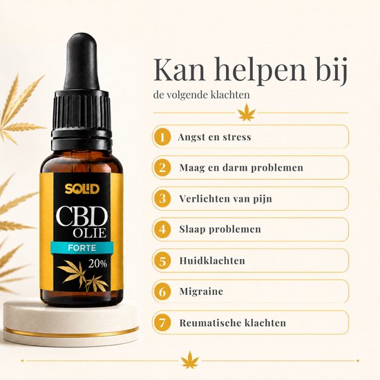 Amberkleurig flesje CBD olie 20% Forte met druppelaar. Tekst somt klachten op waarbij het kan helpen: angst, stress, pijn, slaap.