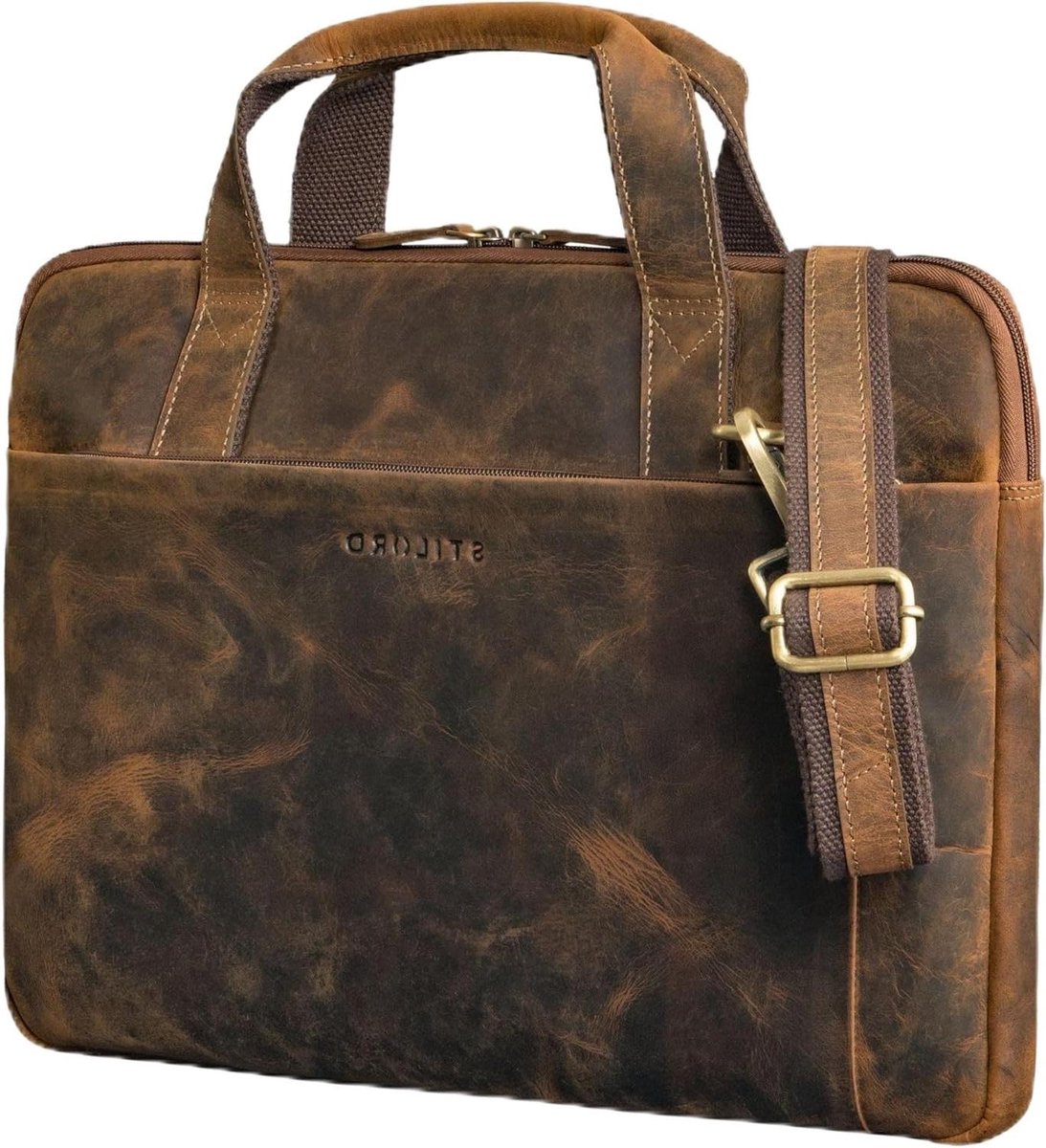 Leren Laptoptas - Schoudertas A4 - Zakelijk Reizen - Gepolsterd Compartiment - 16 Inch - Zwart
