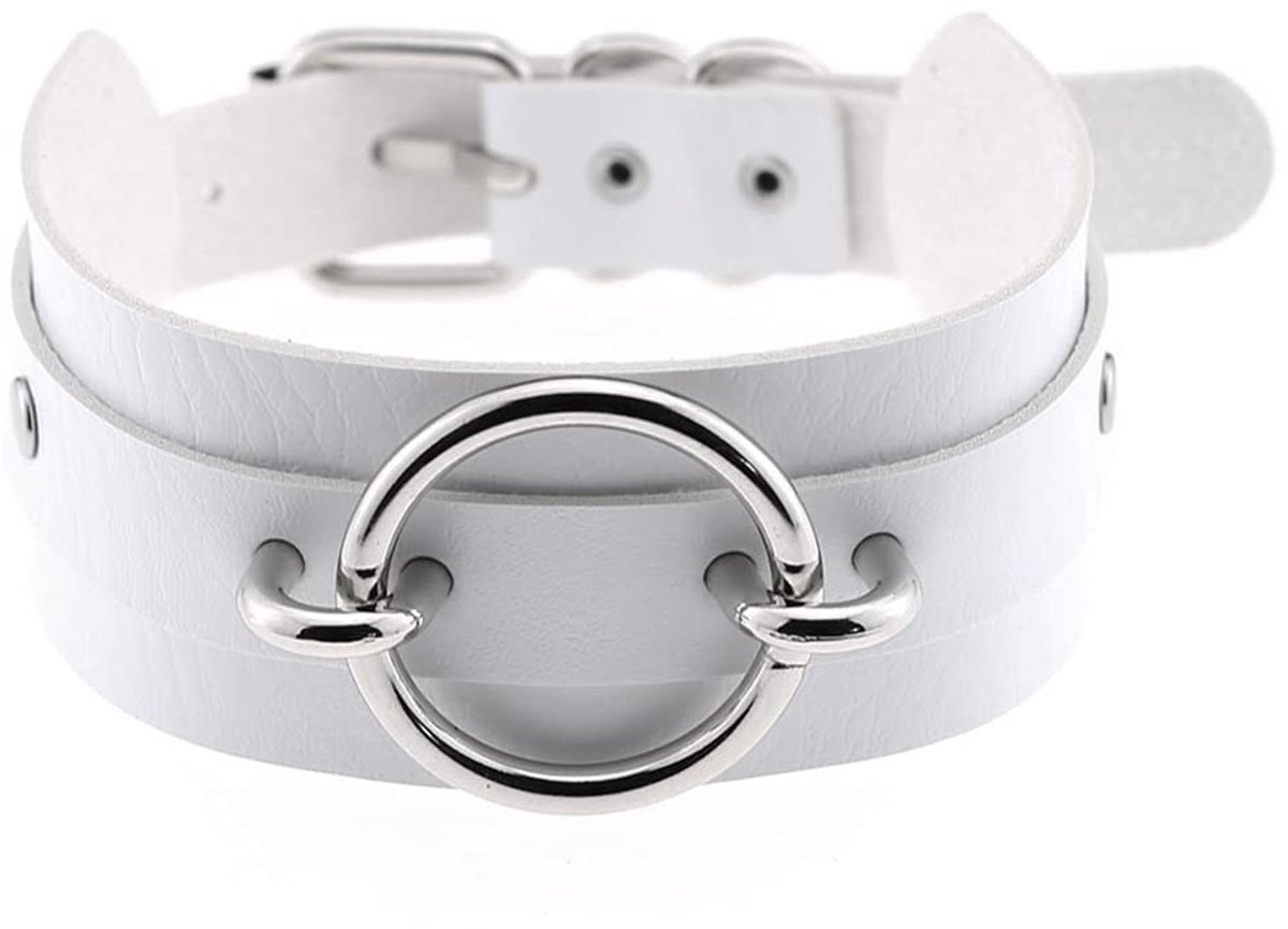 ONF3 - Gothic Choker Necklace - Punk Rock Stijl - Wit - PU Leer - Verstelbaar - Voor Diverse Gelegenheden