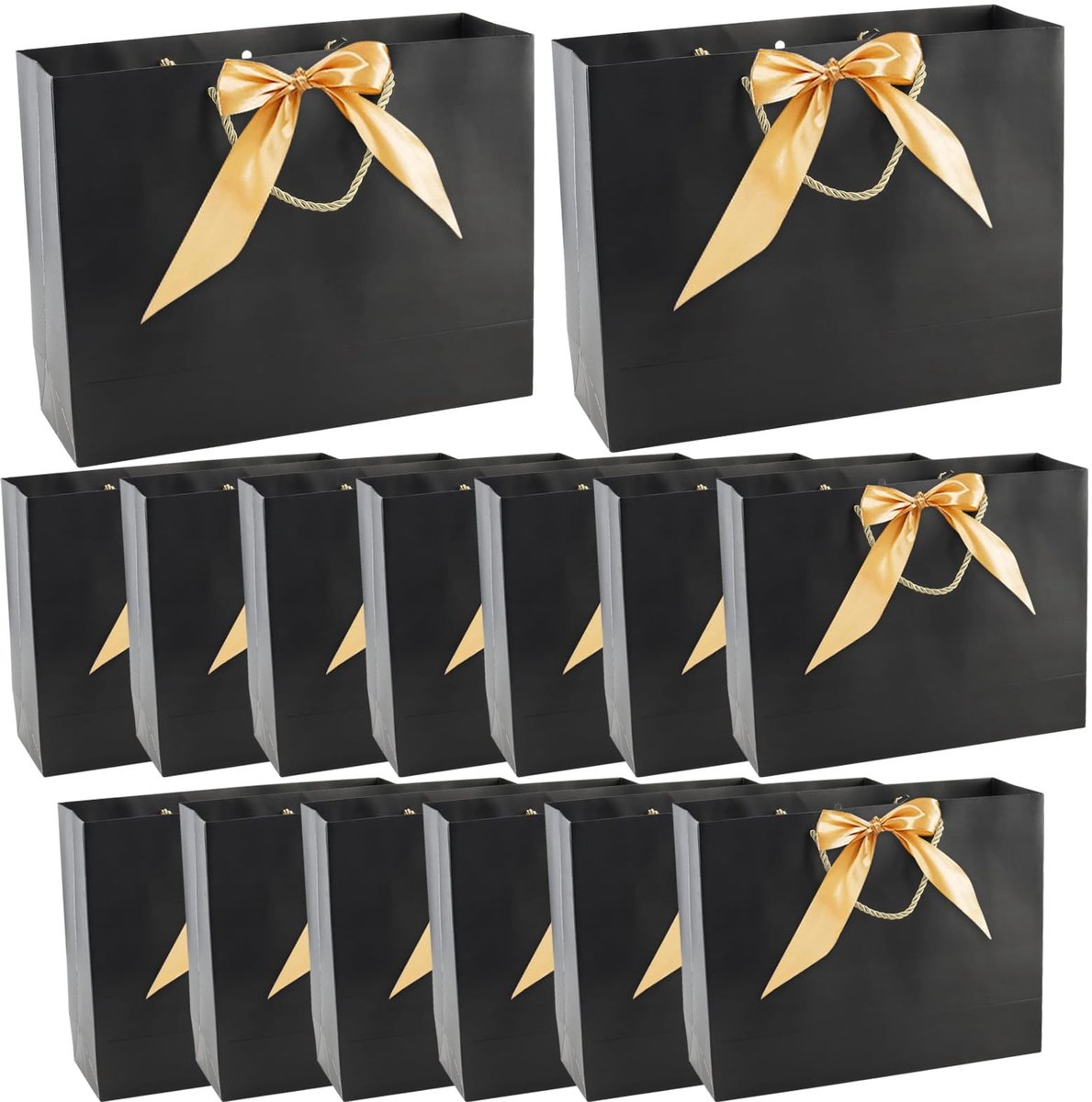 aladdien - Papieren geschenkzakken - Zwarte feestzakken met gouden strik - 15 stuks - 32 x 25 x 11 cm - Perfect voor verjaardagen en bruiloften - Lu...