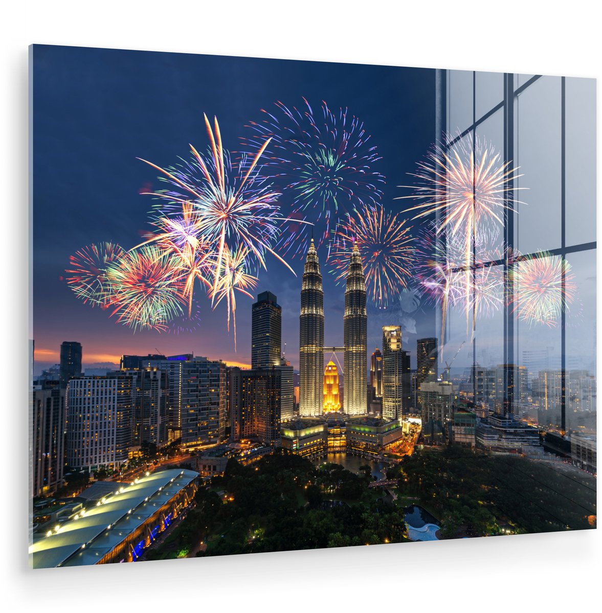 ® Glasschilderij 160x120 cm - Schilderij acrylglas - Prachtig vuurwerk boven Kuala Lumpur en de Petronas Towers - Foto op glas - Muurdecoratie woonkamer - Wanddecoratie slaapkamer - Schilderijen