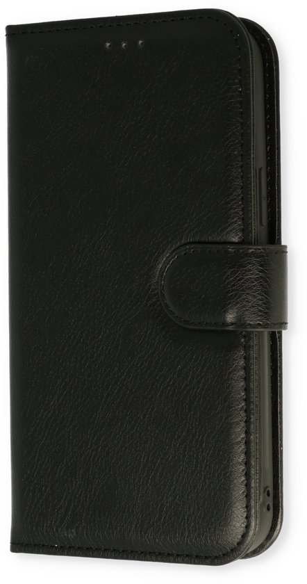 Zwarte Casemania portemonnee telefoonhoes, zijwaarts gesloten.