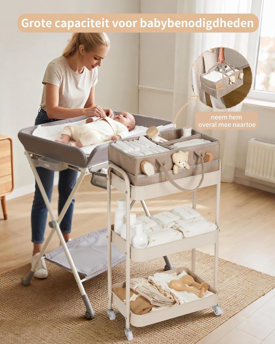 Opbergwagen Babykamer - Nachtkastje Organizer - Baby Spullen Opslag - Verrijdbaar en Verwijderbaar - 3 Lagen - Bruin – foto 5