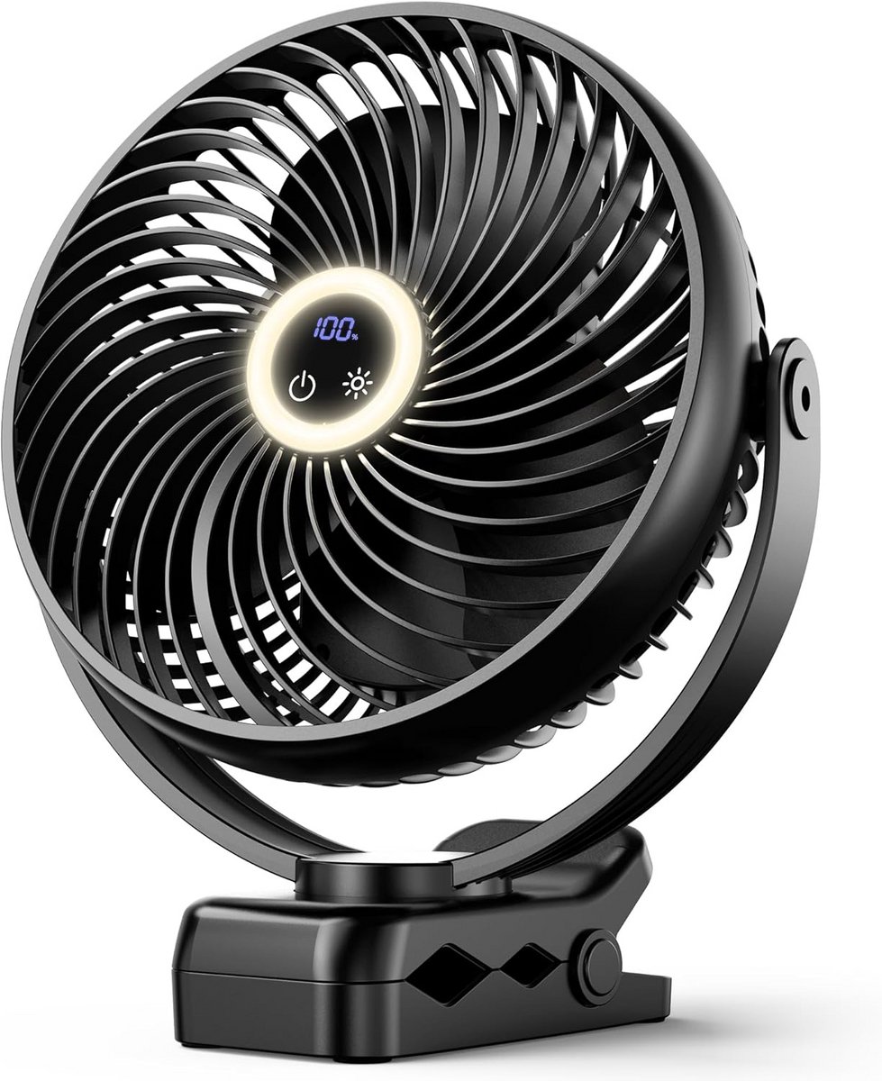 Oplaadbare Clip-on Ventilator met LED Verlichting en Haak - Stille Campingventilator