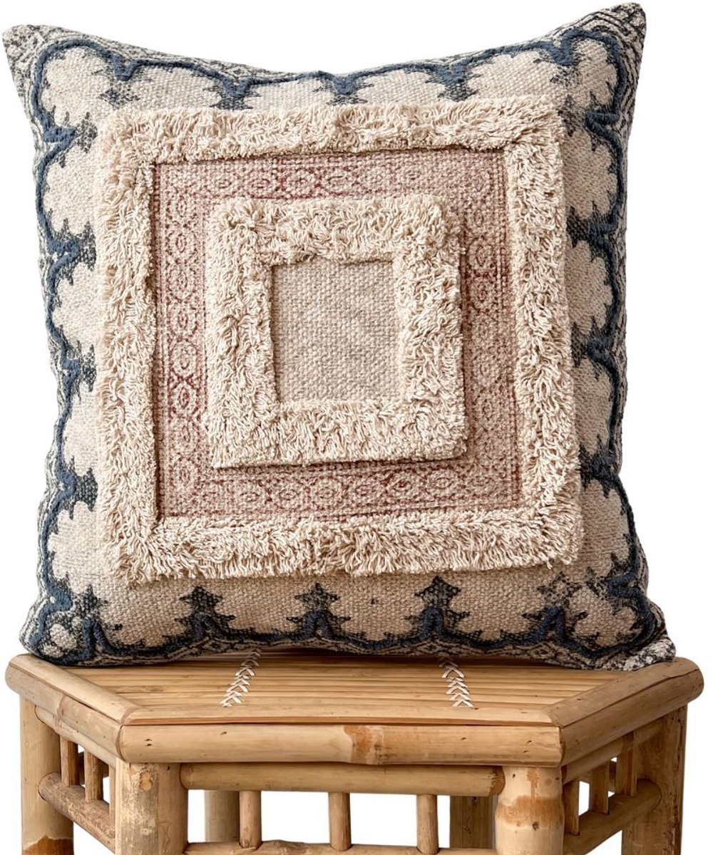 TFP Tufted Geometric Cushion Cover - Sierkussenhoes | Siya - 50 x 50 cm - 100% Organic Cotton (GOTS Certified) - Handmade in India - natural white, navy blue, Red