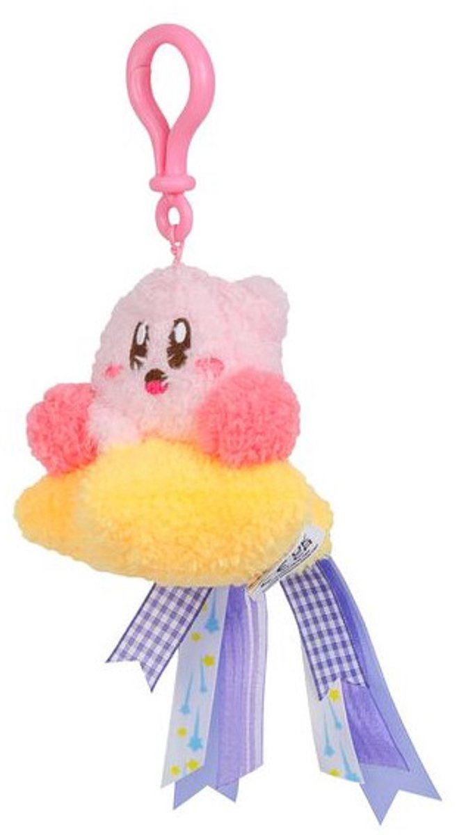 Tomy Kirby pluche clip-on sleutelhanger met vliegende linten - kawaii accessoire.