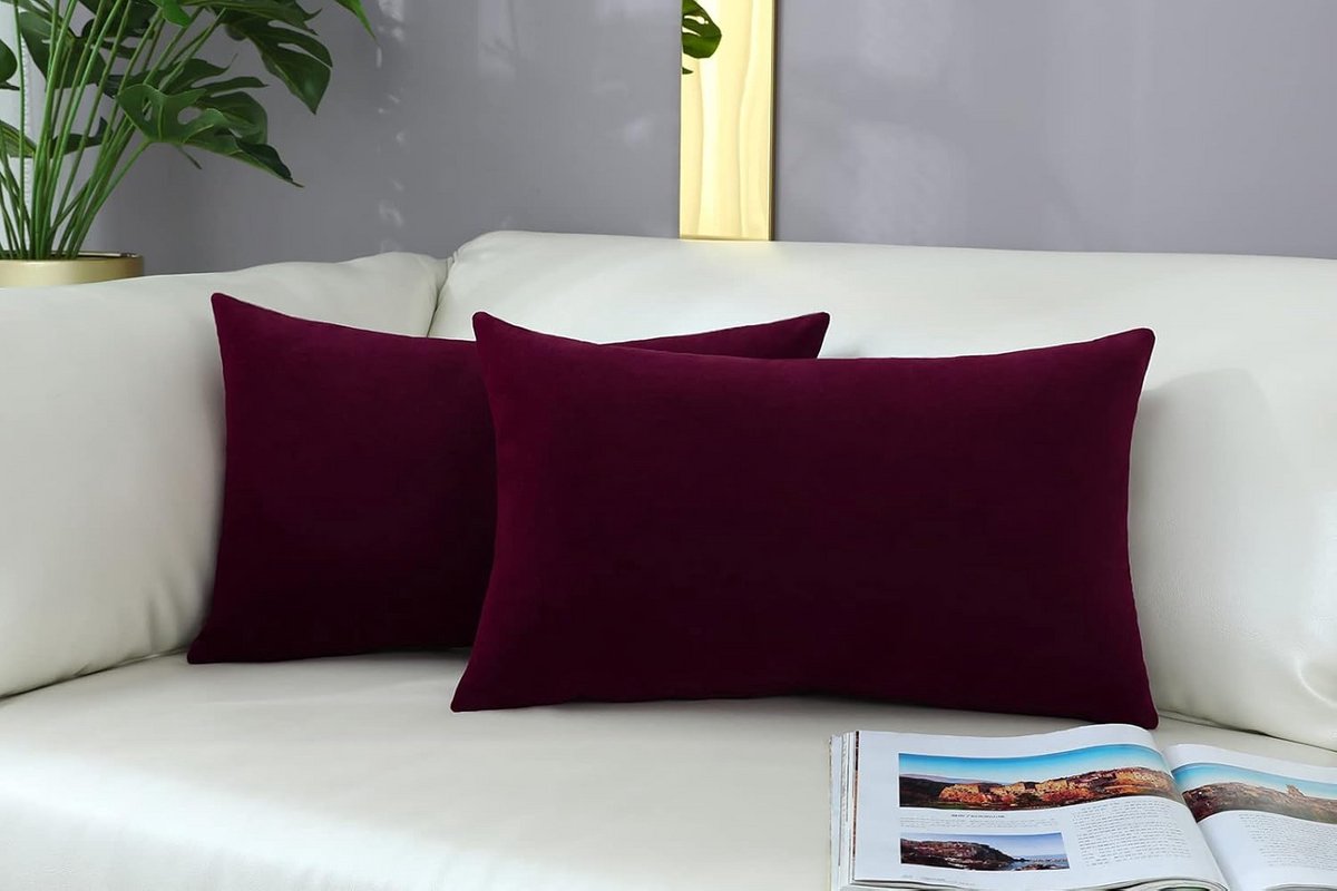 Set van 2 Bordeauxrode Sierkussenhoezen 30x50 cm - Dik Velours Rechthoekig & Super Zacht -