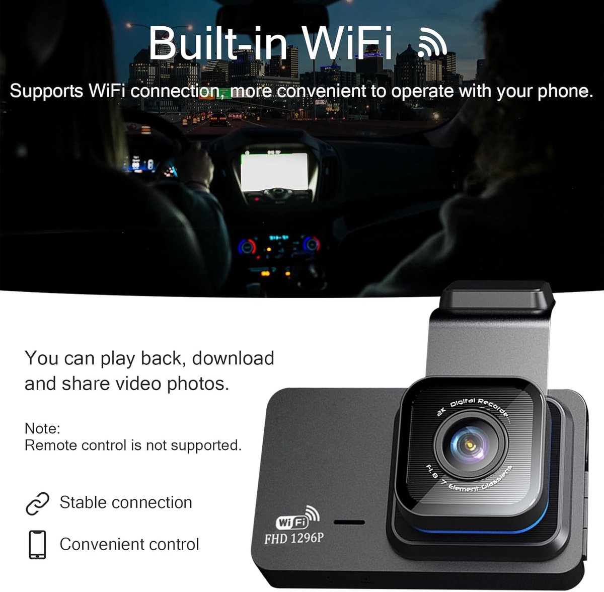 1296P Dash Cam voor en achter dubbele lens Dashcam WiFi GPS in auto camera Dashboard Camera met 64 GB SD-kaart, nachtzicht, Full HD, Loop opname, 140 groothoek, APP-bediening, 3 inch IPS-scherm, Max – foto 4