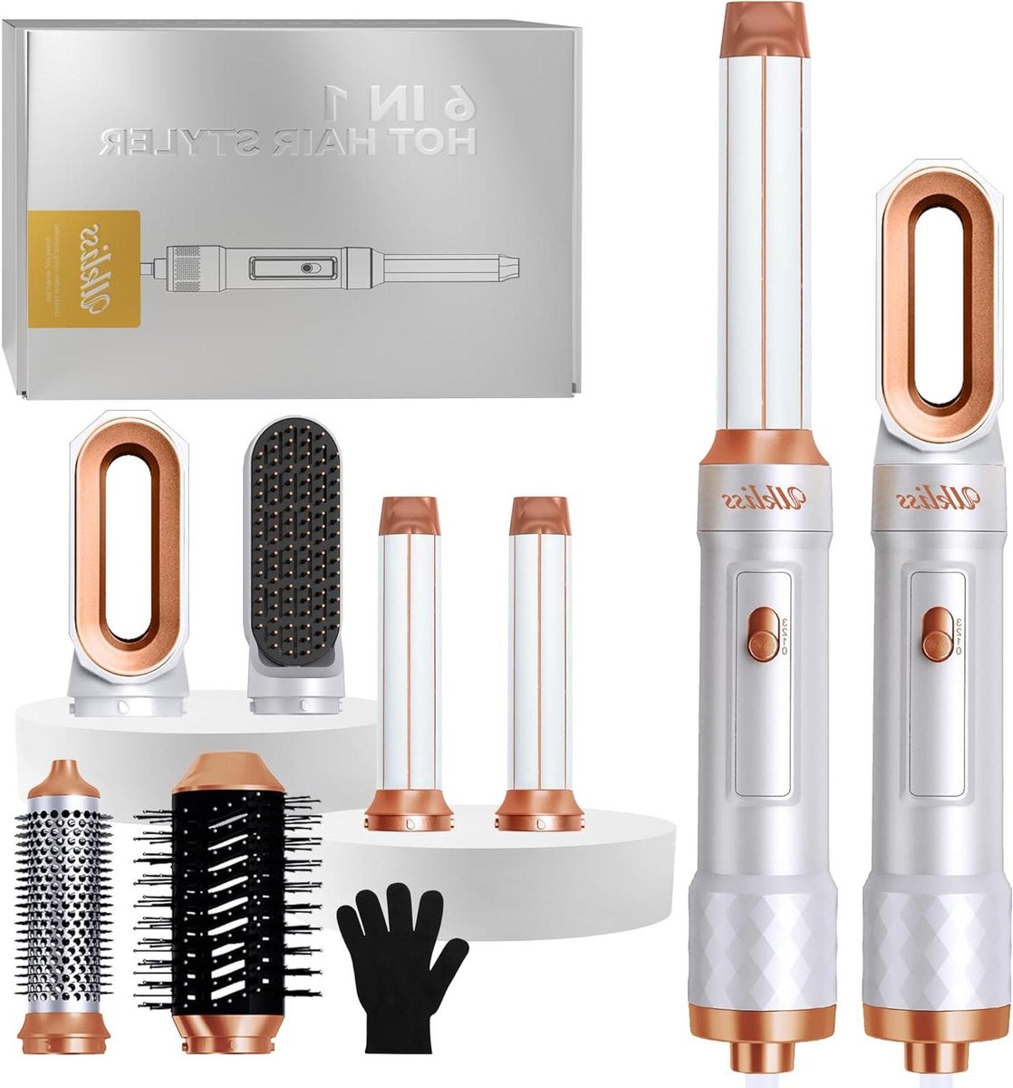 Haardrogerborstel set - Haarstyler set - Thuis kapsels maken - 6-in-1 multifunctioneel - 26 x 20 x 8 cm - Witgoud