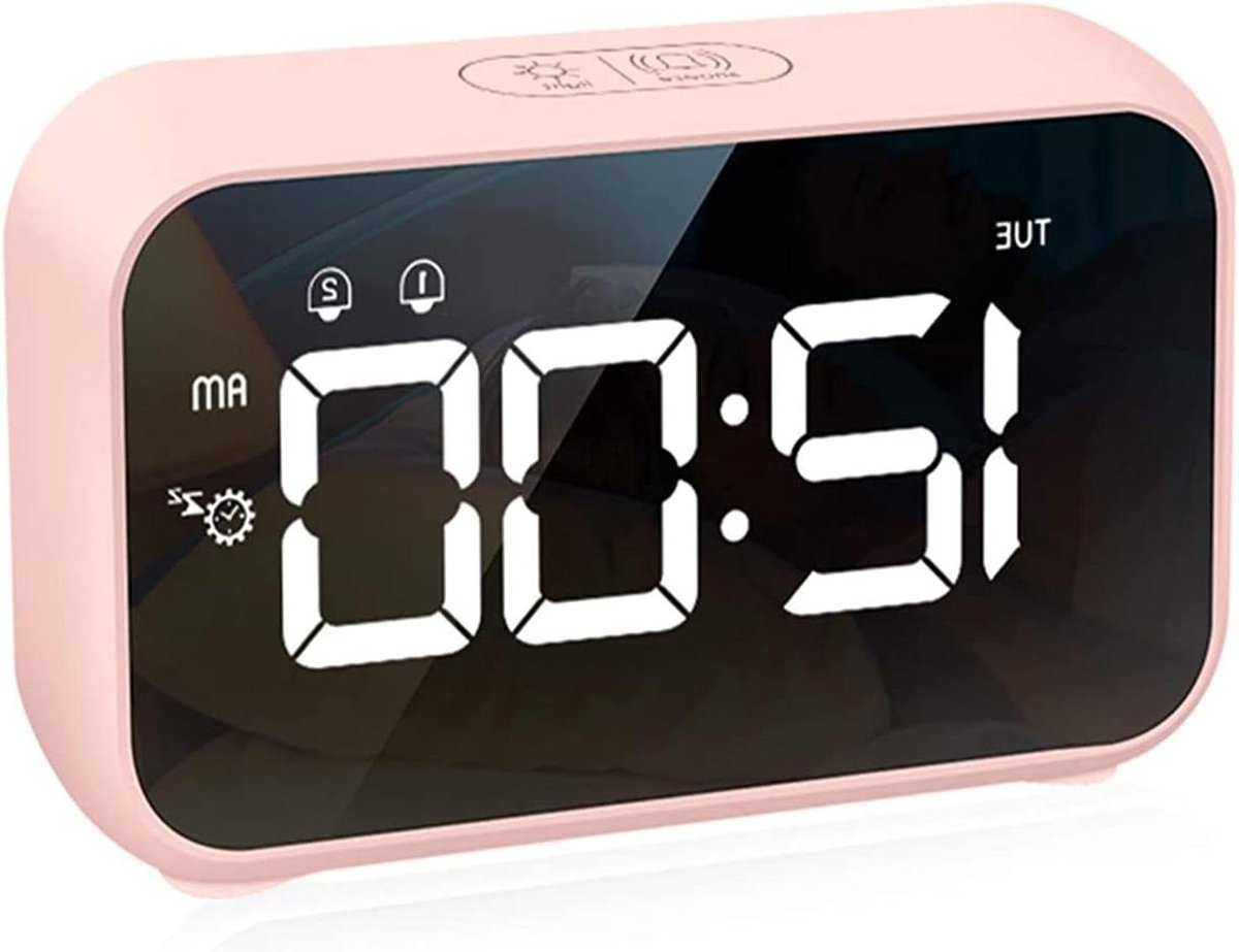 Digitale Wekker - Nachtkastje Klok - Wakker Worden - Groot LED Scherm - 14.5 cm Breed - Roze