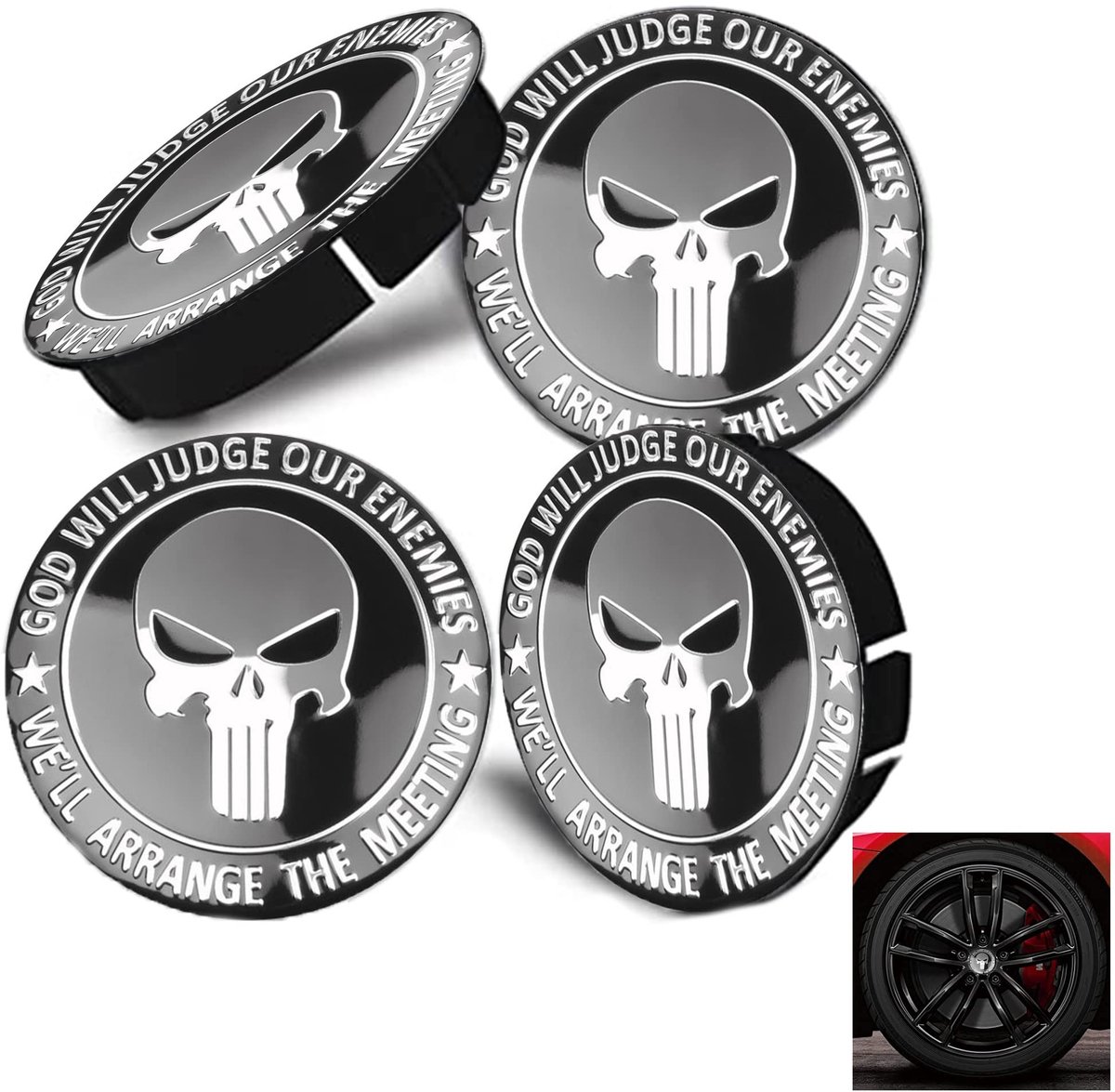 aladdien - Naafdoppen - Doodskop - Universeel - Diameter 60 mm - Punisher Skull - Voor naafafdekking - Geschikt voor auto - 4 stuks