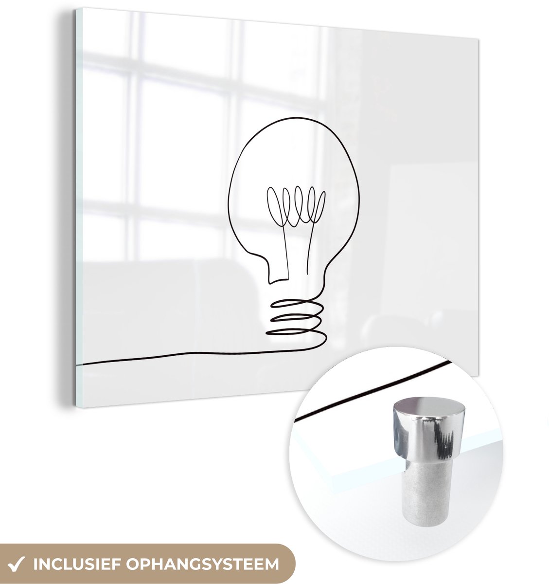 ® Glasschilderij 120x90 cm - Schilderij acrylglas - One line illustratie van gloeilamp - F